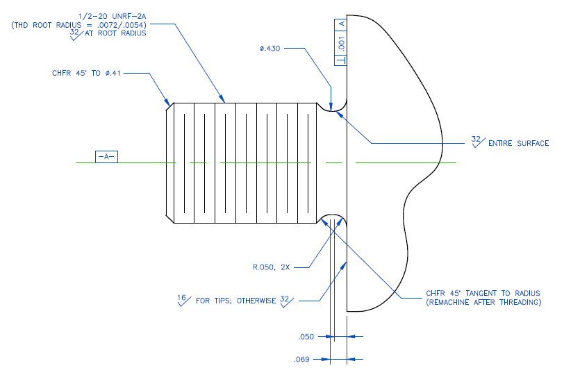Mechanical drawing - 1/2-20 integral stud with class R threads