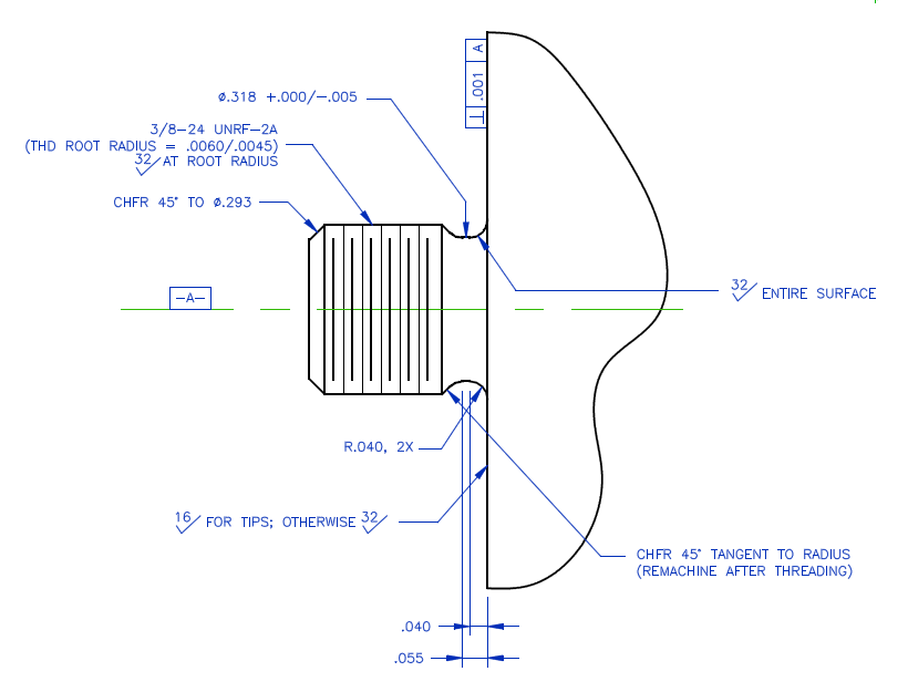 Mechanical drawing - 3/8-24 integral stud with class R threads
